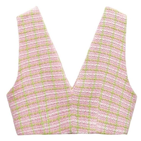 ZARA Tweed Crop Top Pink & Green Vest Jewel Buttons Size S • BLOGGER FAVORITE • - Picture 6 of 12